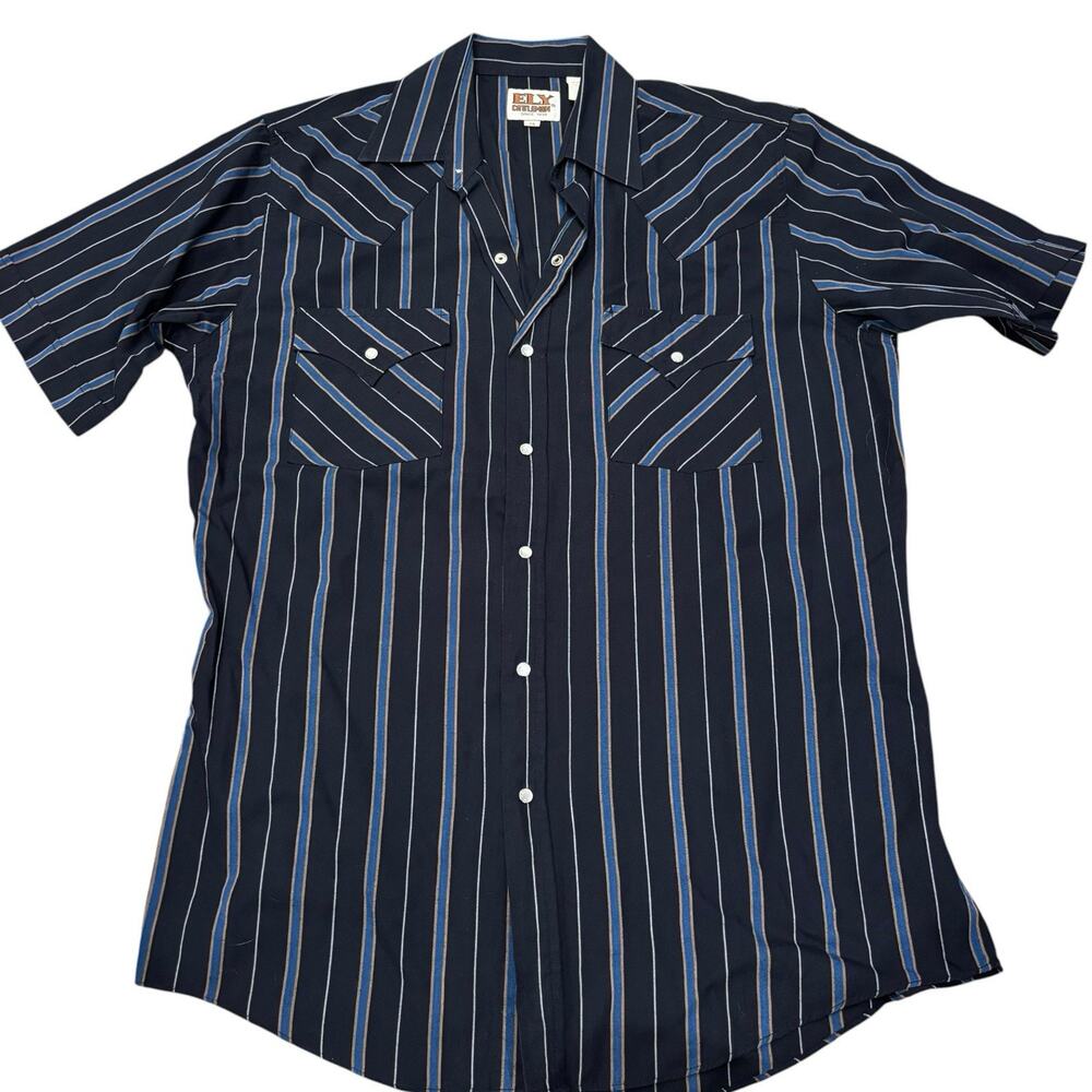 Ely Cattleman Black Indigo Blue & Brown Striped S/S Pearl Snap Shirt Medium